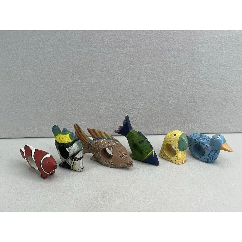 Hand Carved Wood Napkin Rings Set Fish Bird Folk Art Boho Table Decor